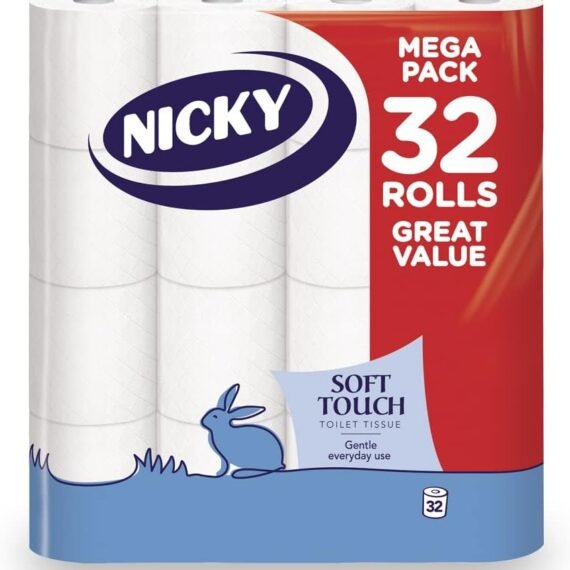 Nicky Soft Touch Toilet Tissue |Extra Value Pack – 32 Rolls of Extra Gentle White Toilet Paper |190 Sheets per Roll| 2-ply | Soft Tissue | Modern Embossing |Easy Opening | 100% FSC Certified Paper